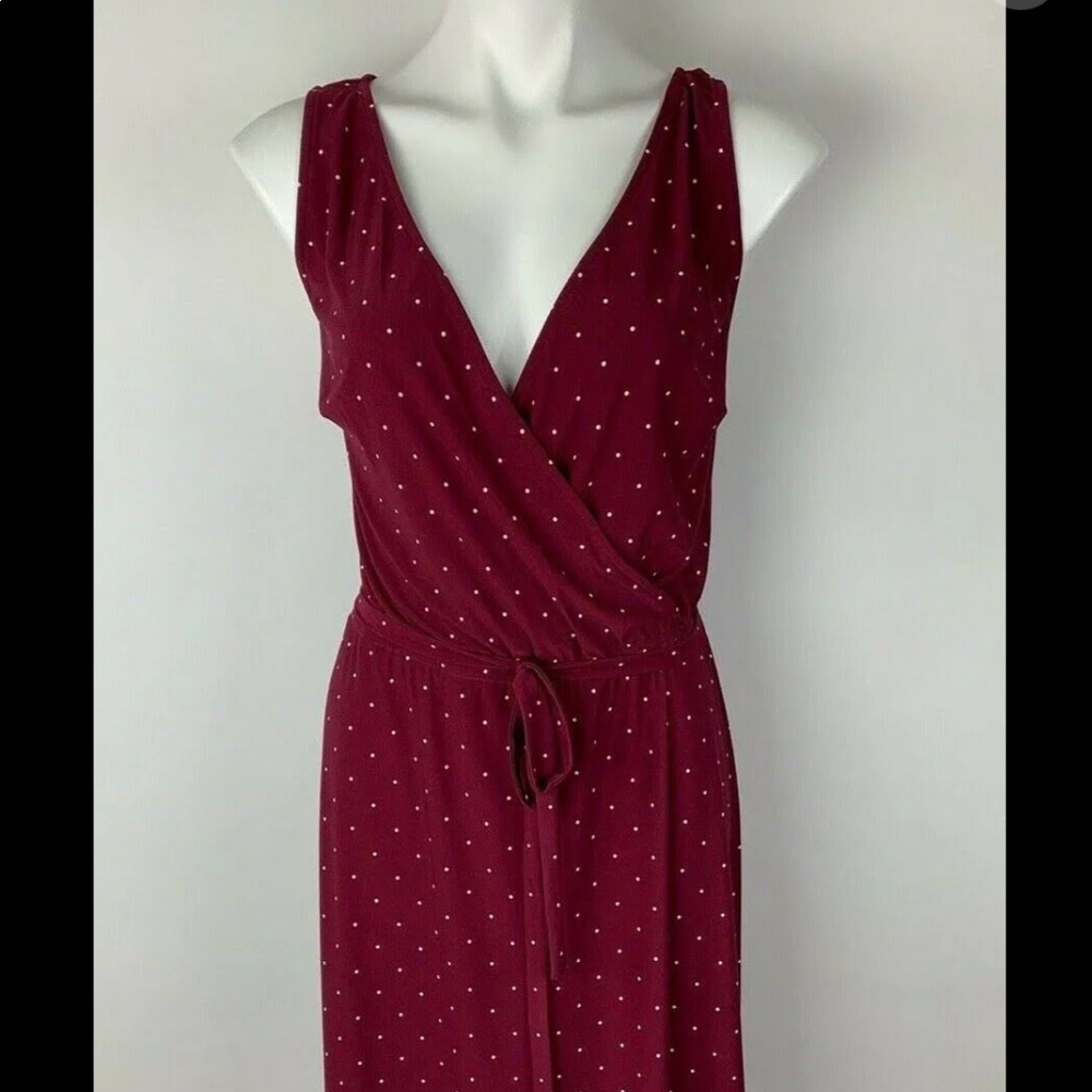 Chaps Merlot White Polka Dot V Neck Tie Waist Midi Dress - M